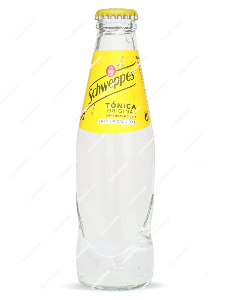 Botella de vidrio de Tónica Schweppes Original 20 cl con su característica etiqueta amarilla - Dulcealmacen