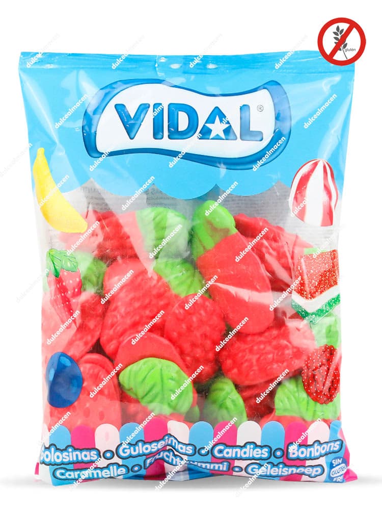 Bolsa de gominolas Vidal Maxi Fresa Silvestre de 1 kg con caramelos de goma gigantes en forma de fresas bicolores sin gluten de Dulcealmacen