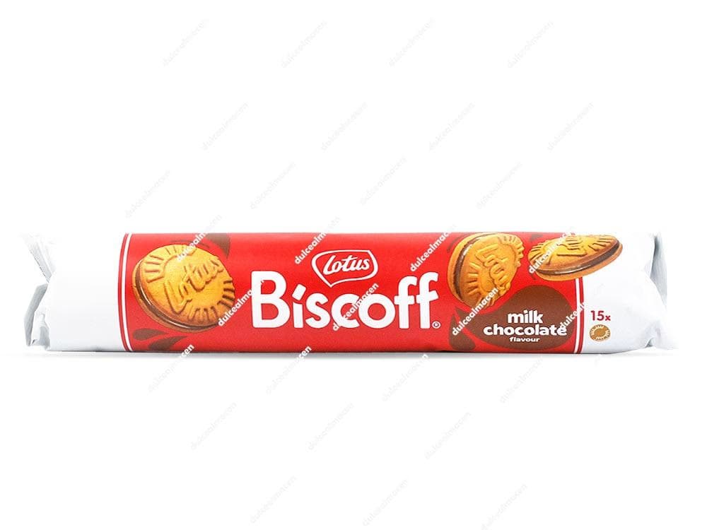 Empaque cilíndrico de color rojo y blanco de Lotus Biscoff galletas rellenas de chocolate con leche pack 15 uds mostrando imágenes de las galletas circulares rellenas - Dulcealmacen archivo image_2c02a3.png