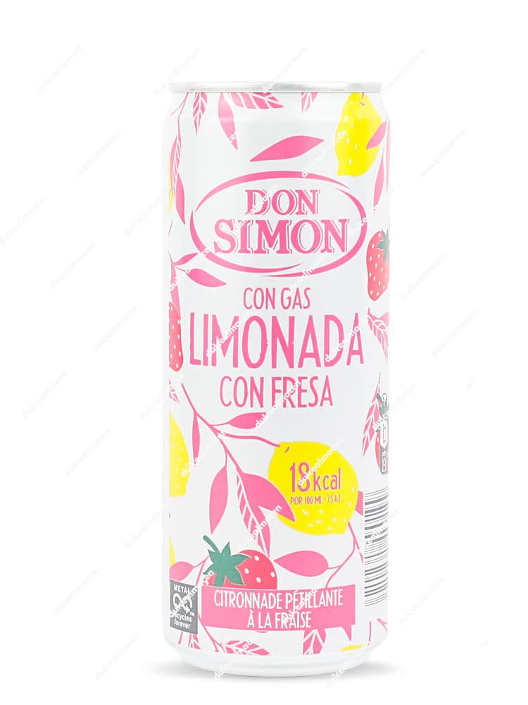 Lata de Don Simón con Gas Limonada con Fresa 330 ml blanca con detalles rosas y amarillos - Dulcealmacen