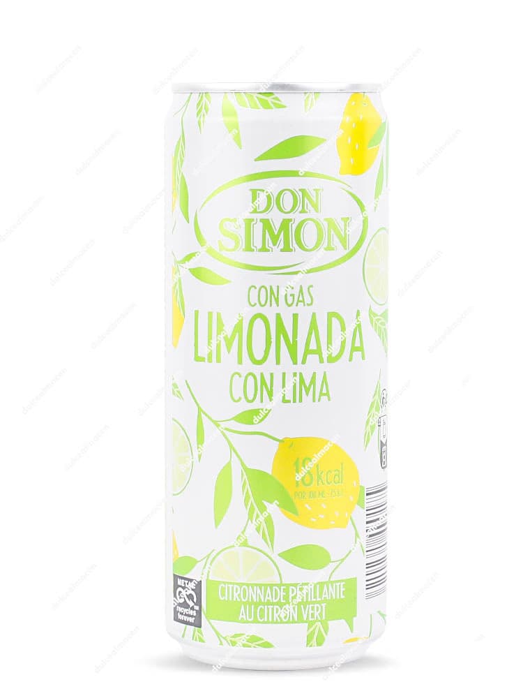 Lata de 330 ml de Don Simón con Gas Limonada con Lima con diseño de limones y hojas verdes sobre fondo blanco en Dulcealmacen