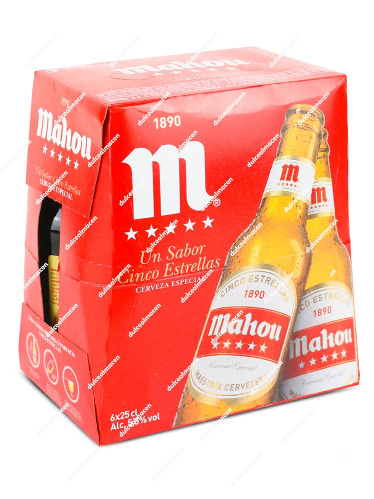 Pack de 6 botellines de cristal de cerveza Mahou 5 Estrellas 25 cl - Dulcealmacen