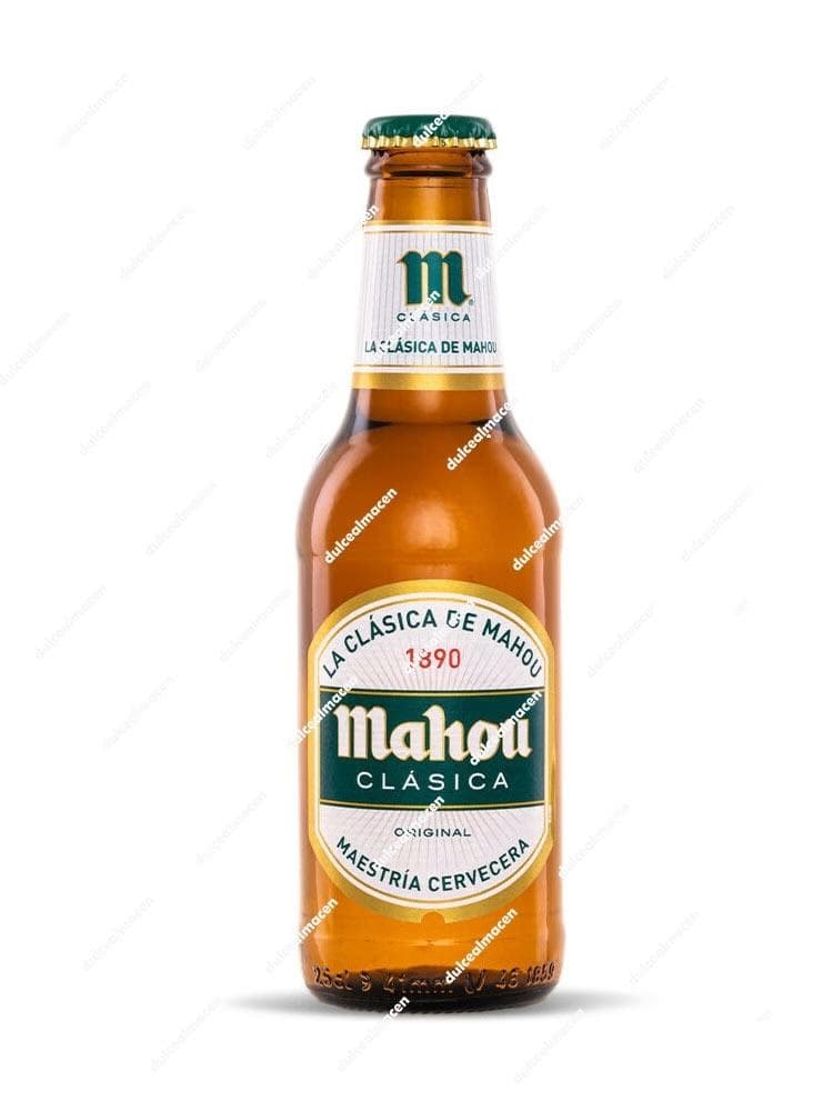 Botellín de Cerveza Mahou Clásica de 25 cl con etiqueta dorada y verde - Dulcealmacen