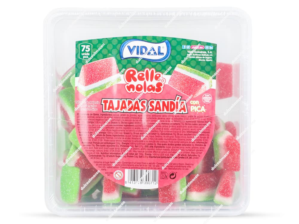 Vidal Rellenolas Tajadas de Sandía con Pica Tarro 75 uds - Gominolas Rellenas Sin Gluten