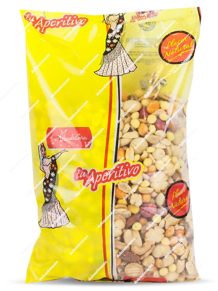 Bolsa de 1 kg de cóctel de frutos secos variados de la marca La Madrileña gama tu Aperitivo con diseño amarillo y ventana transparente - Dulcealmacen