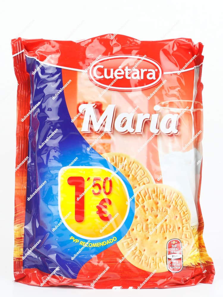 Paquete de Galletas Cuétara María de 400 gramos, con diseño rojo y azul que muestra la galleta redonda clásica y un vaso de leche - Dulcealmacen
