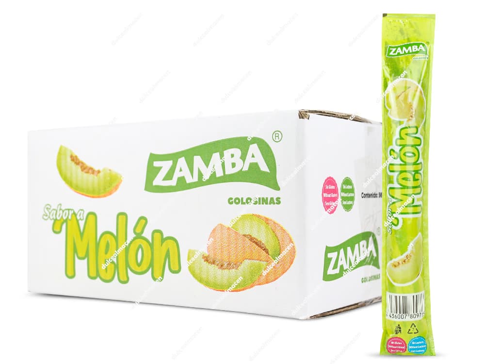 Caja blanca de golosinas Zamba con polo individual de sabor melón en color verde, destacando que es sin gluten y sin lactosa - Dulcealmacen