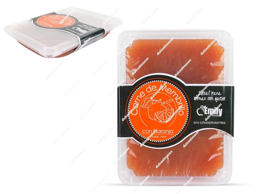 Envase de 240 gramos de carne de membrillo con naranja de la marca Emily Foods, producto natural sin conservantes ideal para tomar con queso - Dulcealmacen