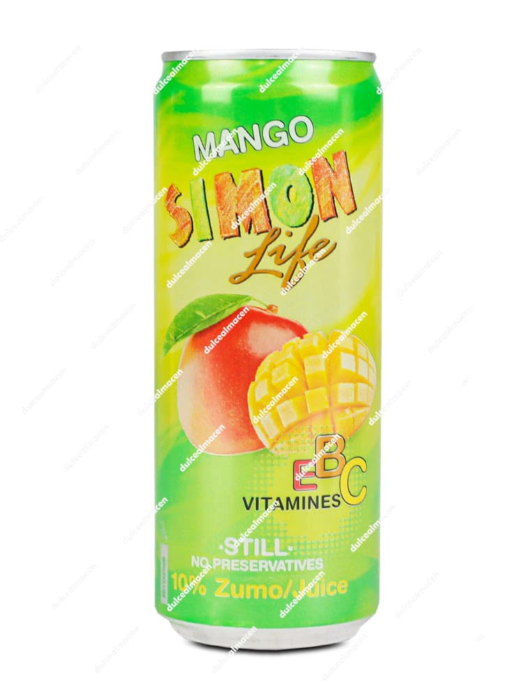 Botella de 330 ml de Simón Life sabor Mango con etiqueta naranja y amarilla sobre fondo blanco en Dulcealmacen