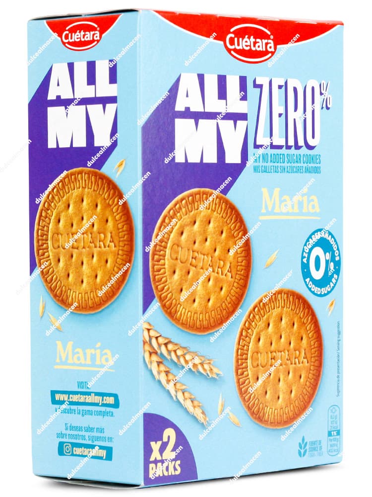Caja de galletas Cuétara María 0% Azúcares Añadidos de 400 gramos, gama All My Zero, diseño en color azul claro con imágenes de galletas María y espigas de trigo - Dulcealmacen