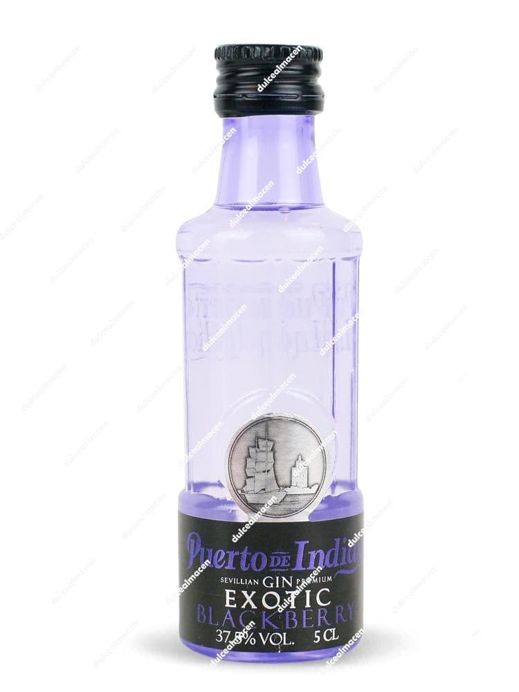 Botellita de cristal de ginebra Puerto de Indias Exotic Blackberry de 5 cl, con líquido violeta y etiqueta negra con detalles plateados - Dulcealmacen