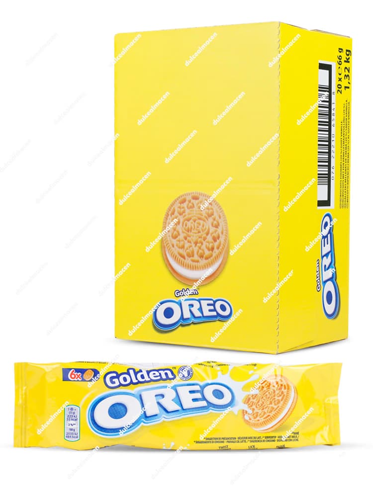 Caja amarilla de Oreo Golden 20 uds de 66 g cada una junto a un paquete individual abierto mostrando la galleta de vainilla - Dulcealmacen