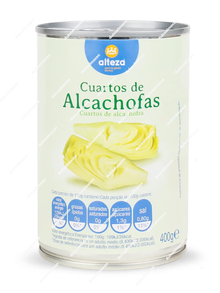 Lata de 400 g de Alteza Cuartos de Alcachofas con información nutricional resaltando 26 kcal y 0% grasas - Dulcealmacen