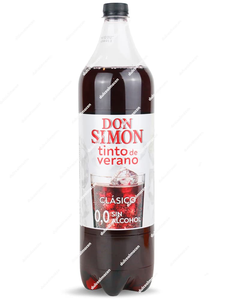 Botella de 1,5 litros de Don Simón Tinto de Verano Clásico 0,0 Sin Alcohol con etiqueta blanca y vaso con hielo dibujado - Dulcealmacen