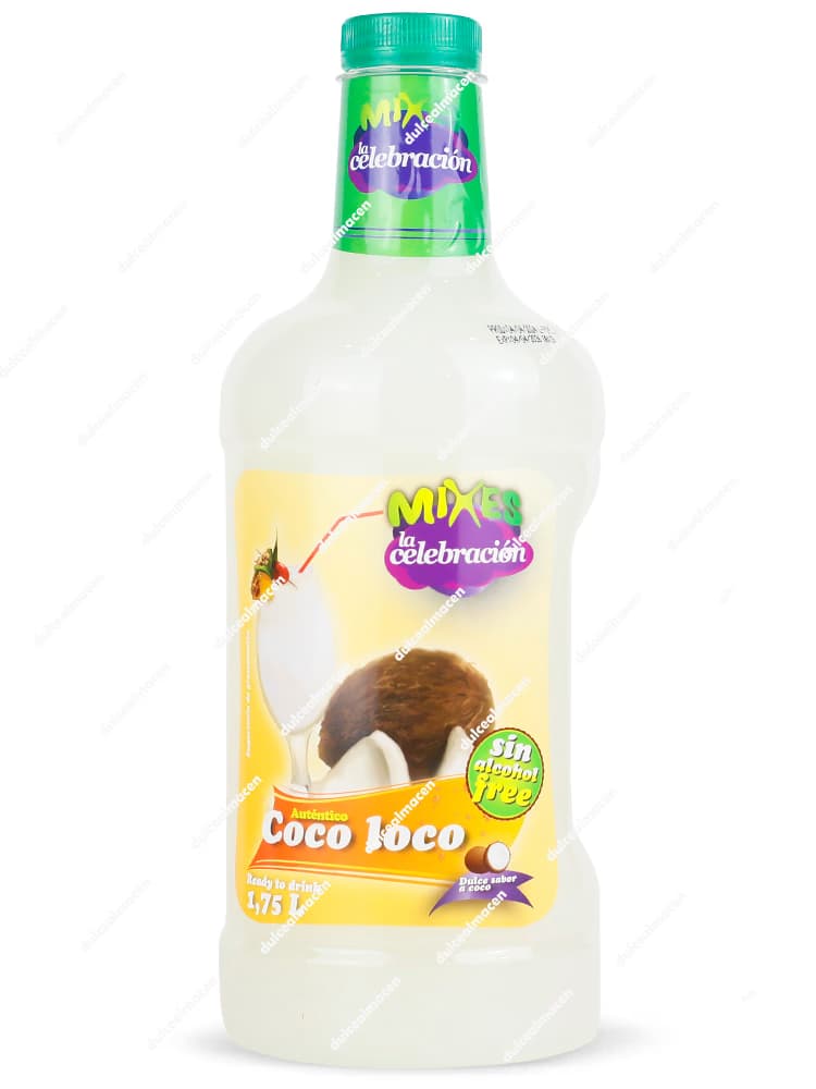 Botella grande de 1,75 litros de Mixes Coctel Coco Loco con etiqueta amarilla, imagen de un coco y tapón verde - Dulcealmacen