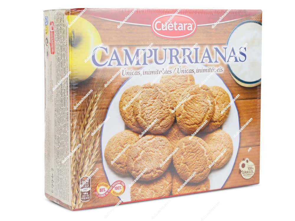 Estuche de galletas Cuétara Campurrianas de 466 gramos, mostrando las galletas rústicas horneadas y una espiga de trigo en un diseño tradicional - Dulcealmacen
