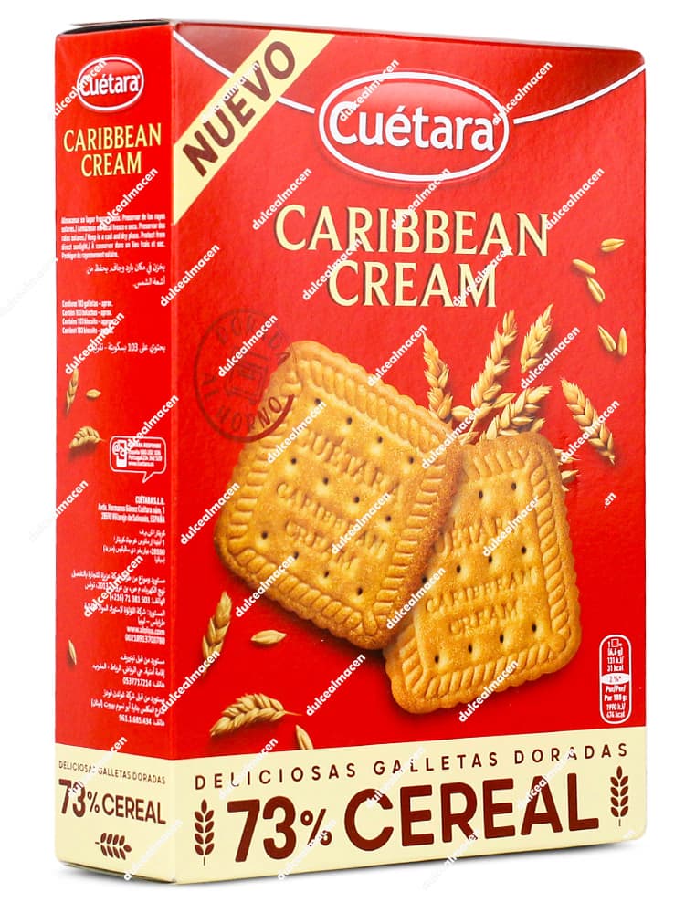 Caja de galletas Cuétara Caribbean Cream de 680 gramos, destacando el 73% de cereal y mostrando las galletas doradas con espigas de trigo - Dulcealmacen