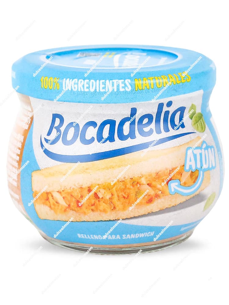 Tarro de Bocadelia Atún 180 gr con etiqueta azul mostrando un sandwich de atún e indicativo de ingredientes 100% naturales - Dulcealmacen