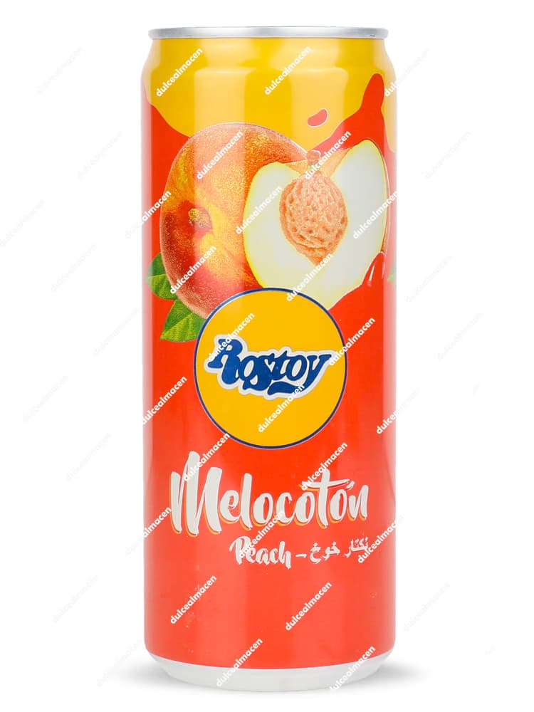 Botella de Rostoy Melocotón 330 ml con etiqueta naranja y azul mostrando una ilustración de melocotones - Dulcealmacen