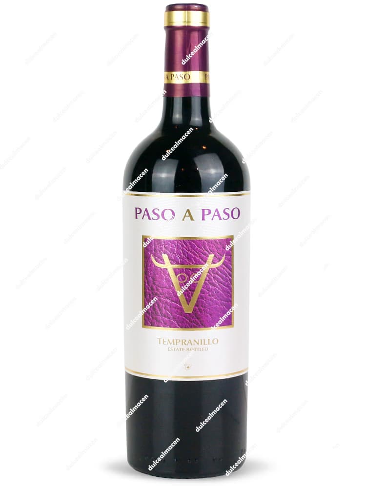 Botella de vino tinto Paso a Paso Tempranillo de 75 cl con etiqueta blanca y detalles modernos en Dulcealmacen