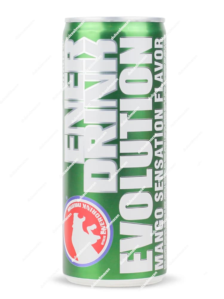Lata verde metalizada de 250 ml de EnerDrink Evolution Mango Sensation con logo rojo de EnerDrink - Dulcealmacen