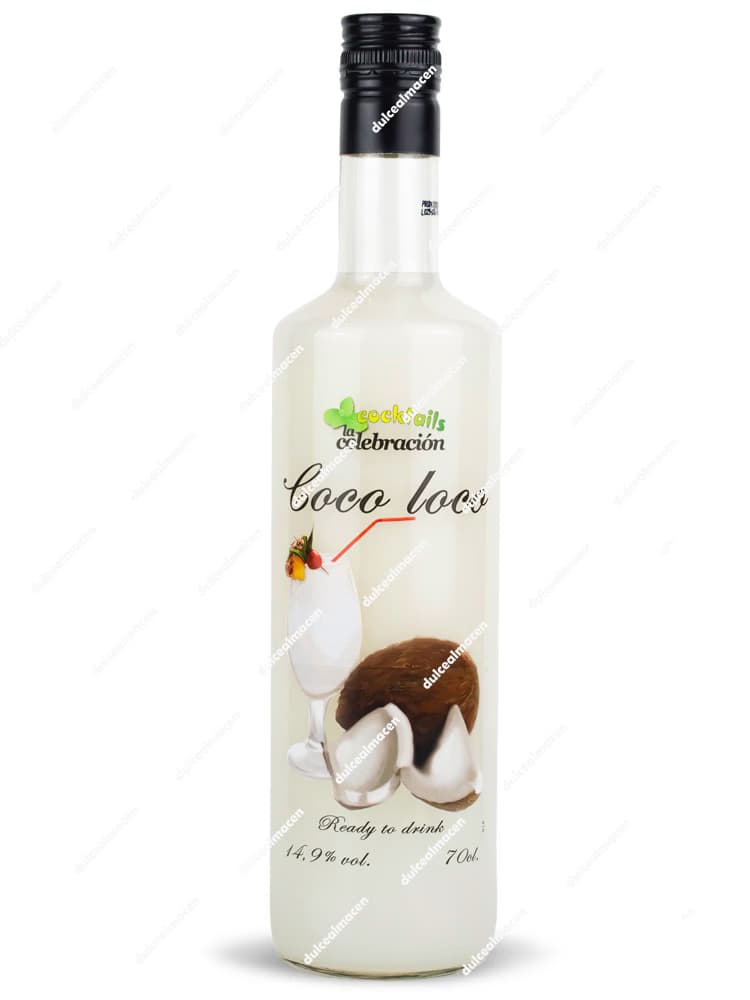 Botella de 70 cl de Cóctel Coco Loco La Celebración con etiqueta oscura, imágenes de cocos y hojas tropicales - Dulcealmacen