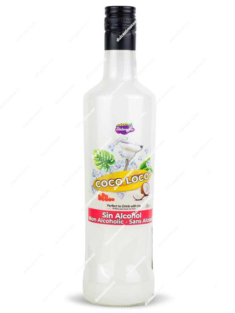 Botella de 70cl de Cóctel Coco Loco Sin Alcohol La Celebración con etiqueta blanca, imágenes de hojas tropicales y coco - Dulcealmacen