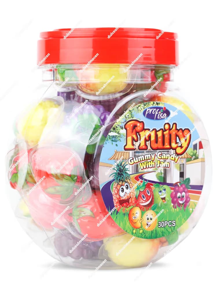 Tarro de 30 unidades de Fruity Gummy Candy with Jam de la marca Profisa, con gominolas en forma de frutas rellenas de mermelada y tapa roja - Dulcealmacen