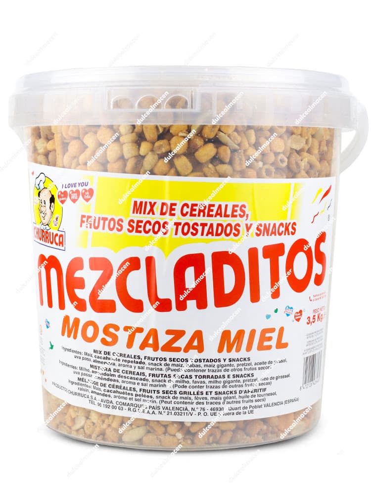 Bote de 3,5 kg de Churruca Mezcladitos sabor Mostaza y Miel con asa y tapa, mostrando el variado mix de cereales, frutos secos y snacks en su interior - Dulcealmacen