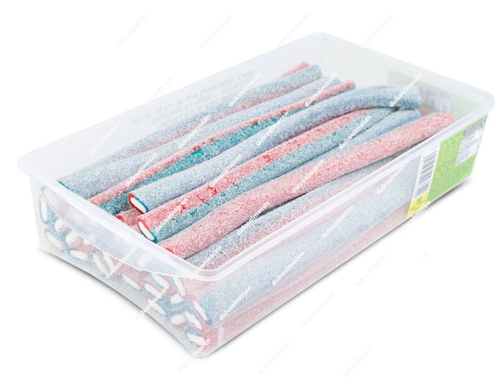 Estuche transparente con 30 unidades de regaliz gigante Fini Jumbo Pica bicolor rojo y azul con cobertura de azúcar ácido - Dulcealmacen