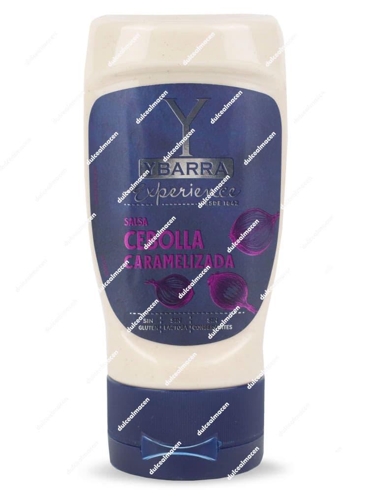 Bote de 250ml de Salsa de Cebolla Caramelizada Ybarra Experience, envase blanco y azul con ilustración de cebollas moradas, producto sin gluten - Dulcealmacen