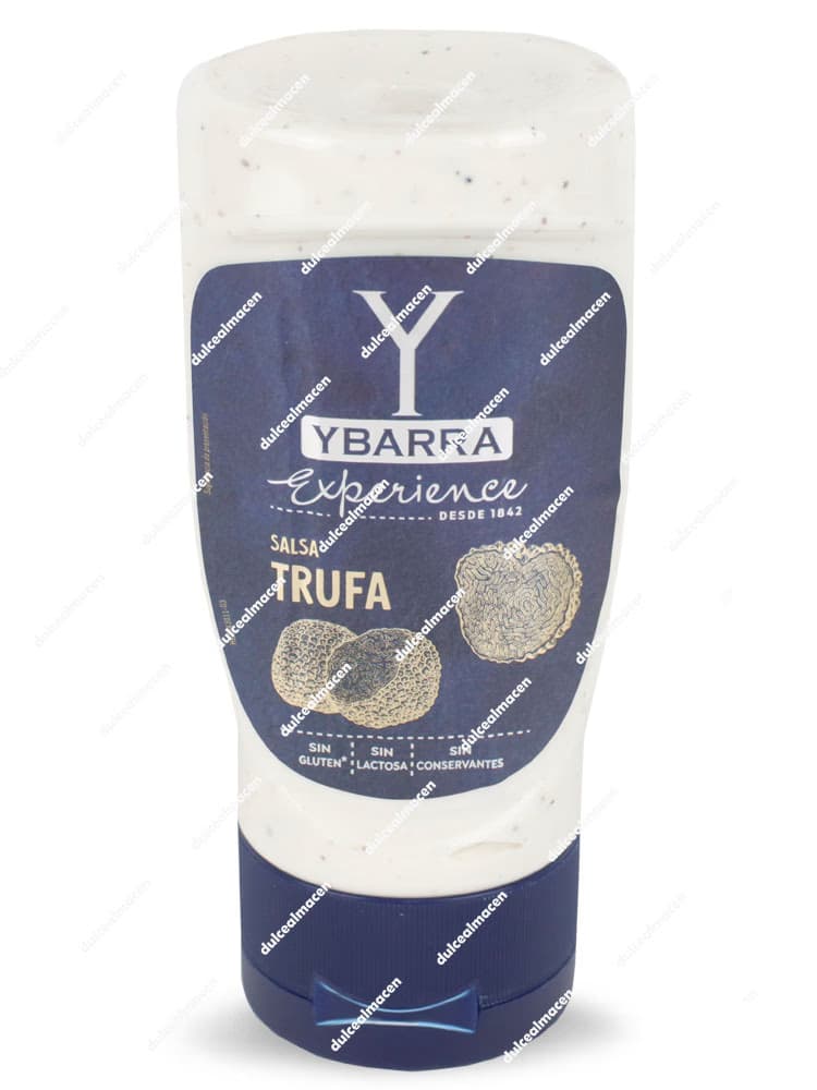Bote de Ybarra salsa trufa 250 ml de la gama Experience con indicación de sin gluten, sin lactosa y sin conservantes - Dulcealmacen