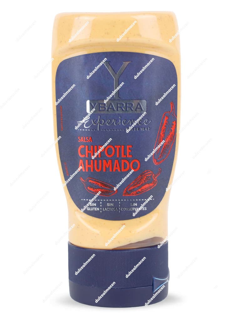 Bote de 250ml de Salsa Chipotle Ahumado Ybarra Experience, color naranja oscuro con ilustraciones de chiles, sin gluten y sin lactosa - Dulcealmacen