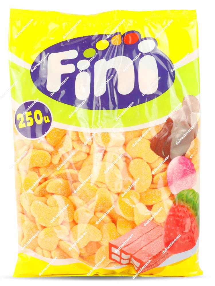 Bolsa de Fini 250 mangos pica mostrando las gominolas amarillas con forma de mango y cobertura de azúcar - Dulcealmacen