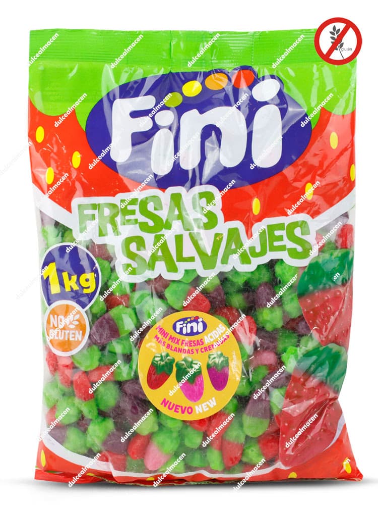 Bolsa de 1 kg de gominolas Fini Mix Mini Fresas Ácidas, piezas surtidas brillantes en tonos rojos y verdes con icono de sin gluten - Dulcealmacen