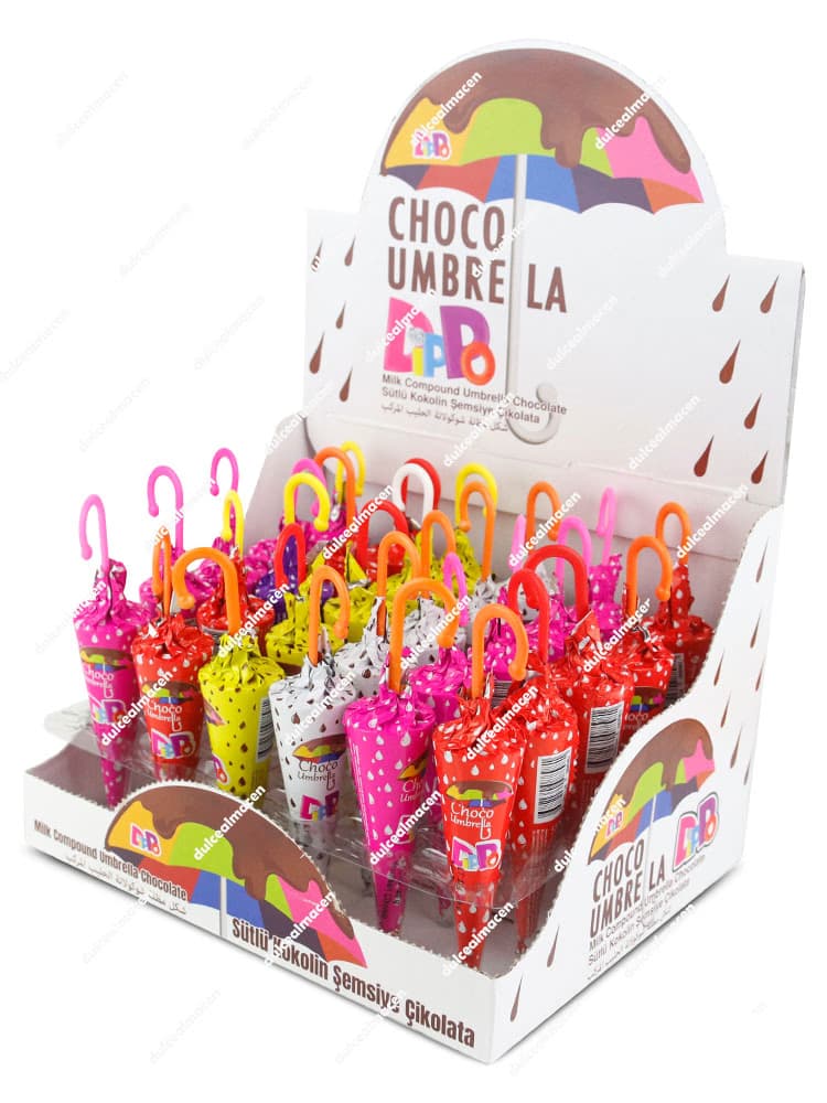 Los dippo maxi paraguas 30 uds son divertidas sombrillitas de suave chocolate con leche, ideales para mesas dulces, piñatas, regalos infantiles y fiestas temáticas.