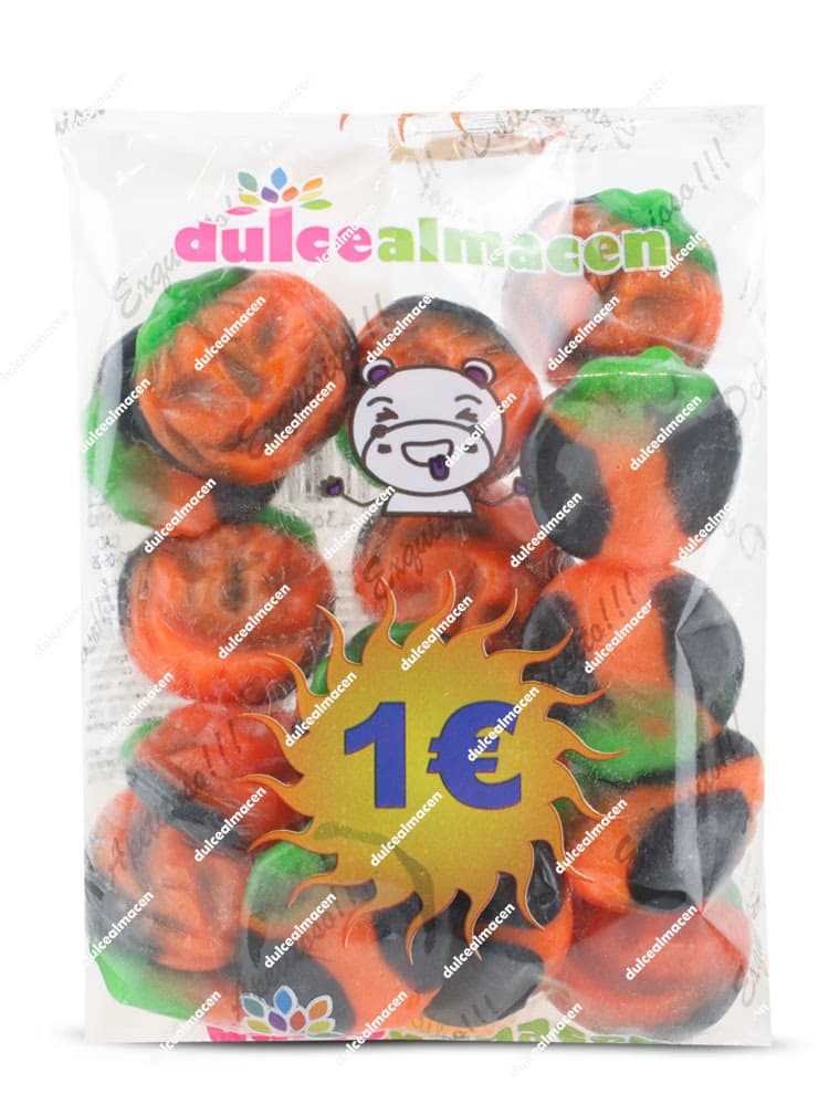 Bolsa transparente de Dulcealmacen Calabazas PVP 1€ llena de gominolas con forma de calabaza en colores naranja, negro y verde con el sello del precio de un euro en el archivo image_4452e2.jpg - Dulcealmacen