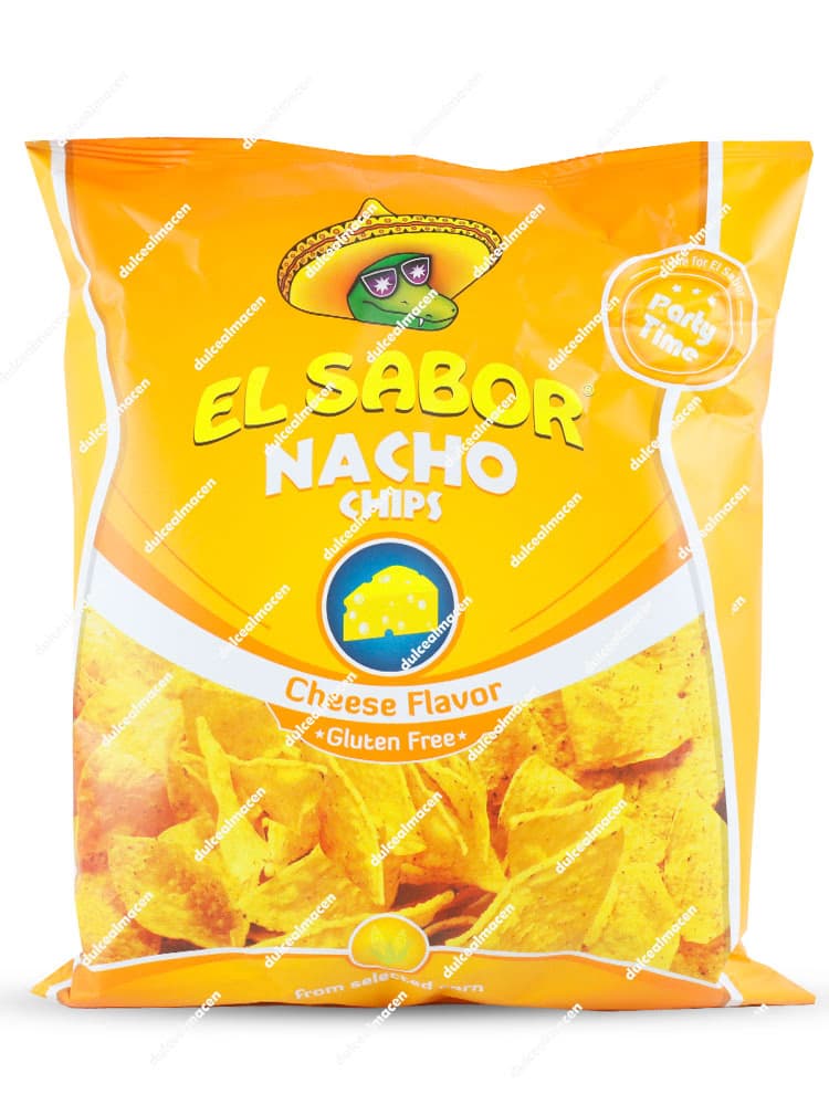 Bolsa naranja de El Sabor Nachos Sabor Queso 225gr con sello Gluten Free y logotipo de cocodrilo con sombrero mexicano - Dulcealmacen