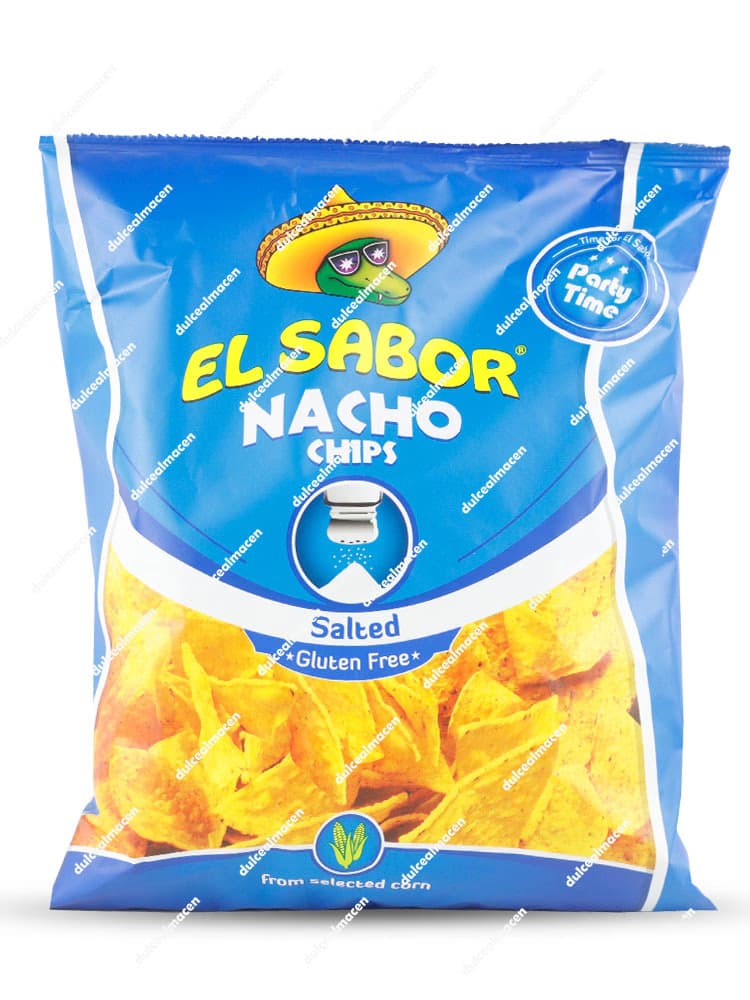 Bolsa azul de El Sabor Nacho Al punto de sal 225gr con sello Gluten Free y logotipo de cocodrilo con sombrero mexicano - Dulcealmacen