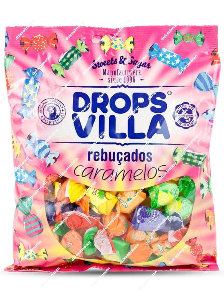 Bolsa rosa de Caramelos de Frutas Drops Villa de 500 g, con ventana transparente que muestra los caramelos surtidos envueltos en papeles de colores y sellos de sin gluten - Dulcealmacen