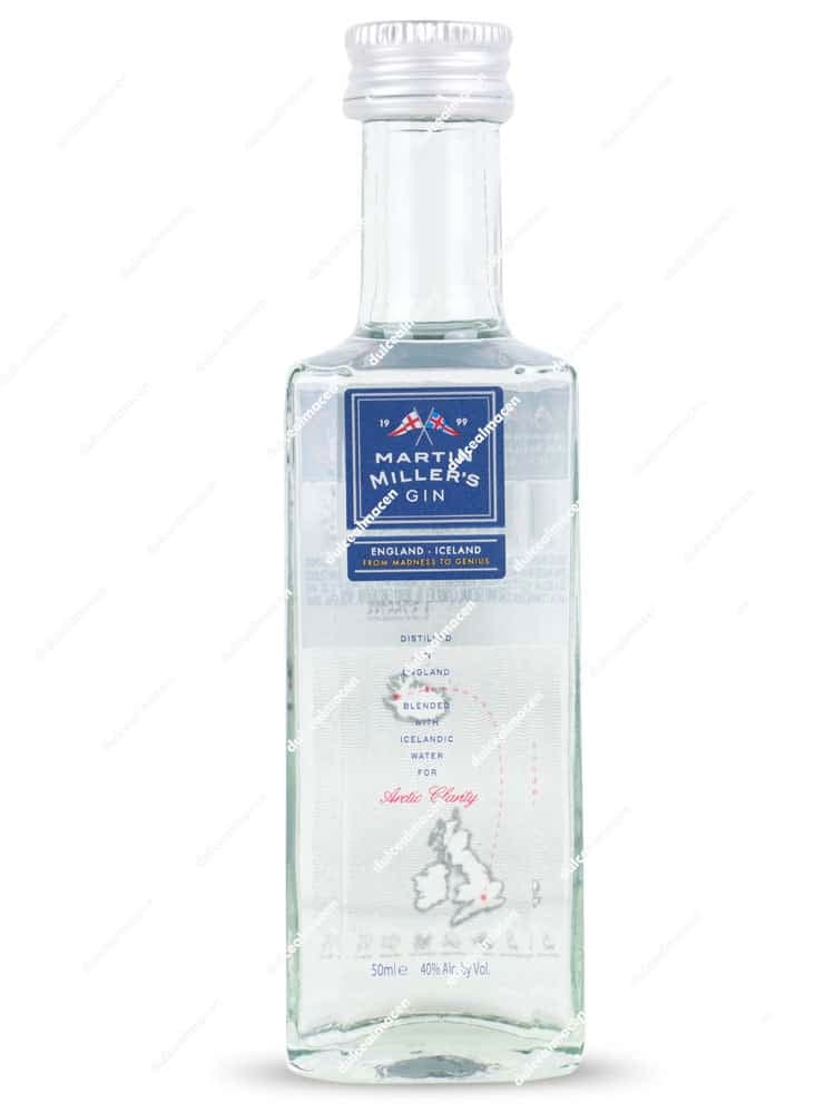 Botellita miniatura de cristal de Mini Gin Martin Miller’s 50ml con etiqueta azul y diseño minimalista - Dulcealmacen