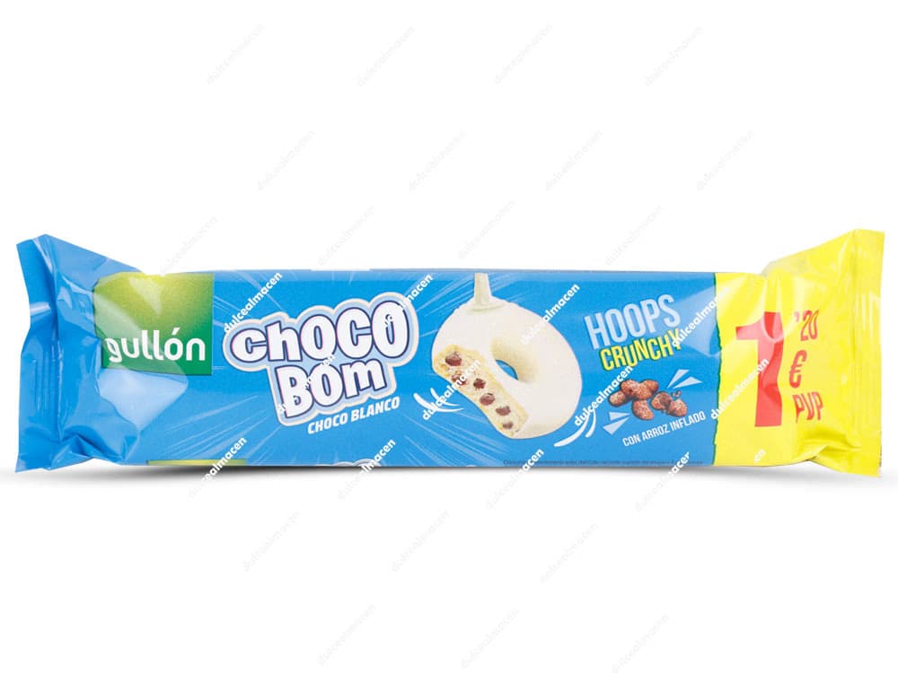 Paquete de galletas Gullón Choco Bom Hoops Crunchy Blanco de 100g mostrando los aros bañados en chocolate blanco con arroz inflado - Dulcealmacen