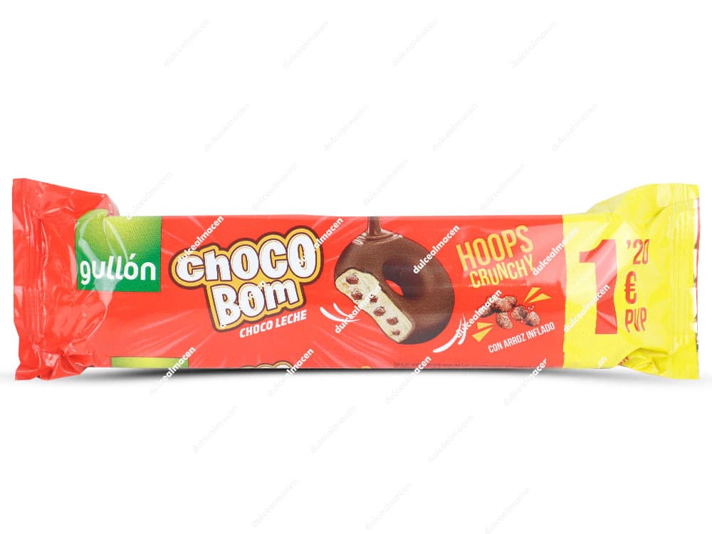Paquete alargado de color rojo y amarillo de galletas Gullón Choco Bom Crunchy 128 gr mostrando un aro de galleta cubierto de chocolate con leche - Dulcealmacen archivo image_0b7c3d.png