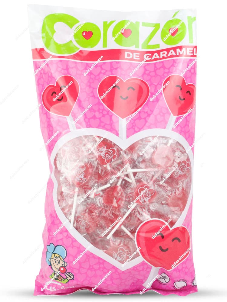 Bolsa de Cerdan Piruleta Corazón 200 uds con caramelos con palo rojos en Dulcealmacen