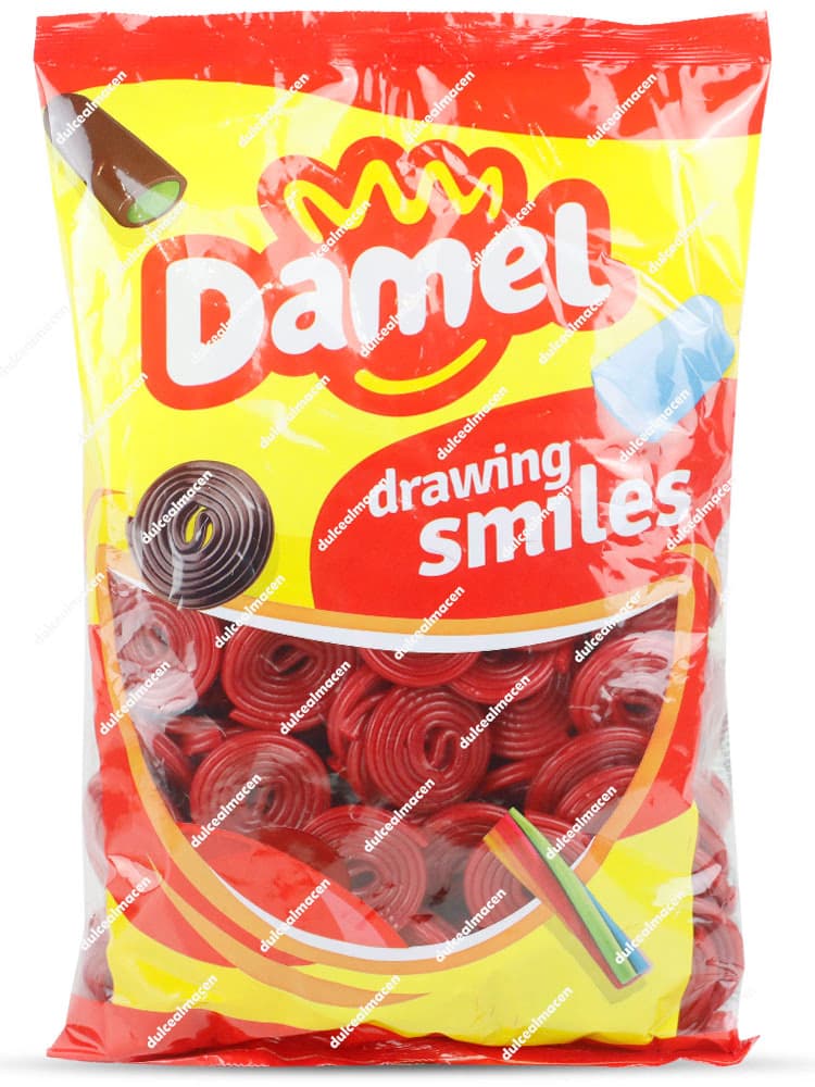 Bolsa de Damel Discos Fresa Regaliz 1kg con discos de regaliz rojo en Dulcealmacen