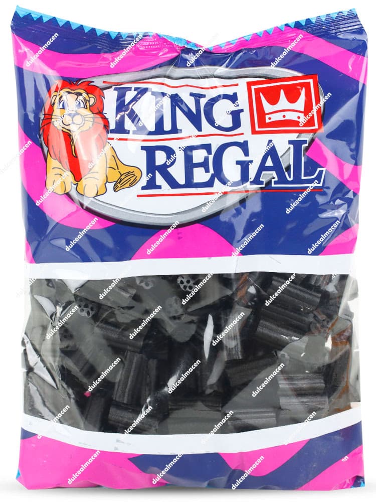 Bolsas de King Regal Taco Barra Regaliz 1 kg mostrando los tacos de regaliz negro a través del envase transparente con el logotipo del león de la marca en el archivo image_43e63c.jpg - Dulcealmacen