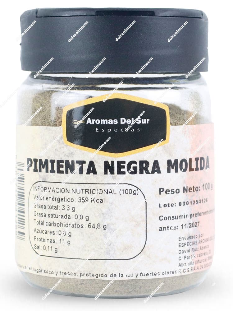 Tarro de Aromas del Sur pimienta negra molida 100gr para cocinar en Dulcealmacen