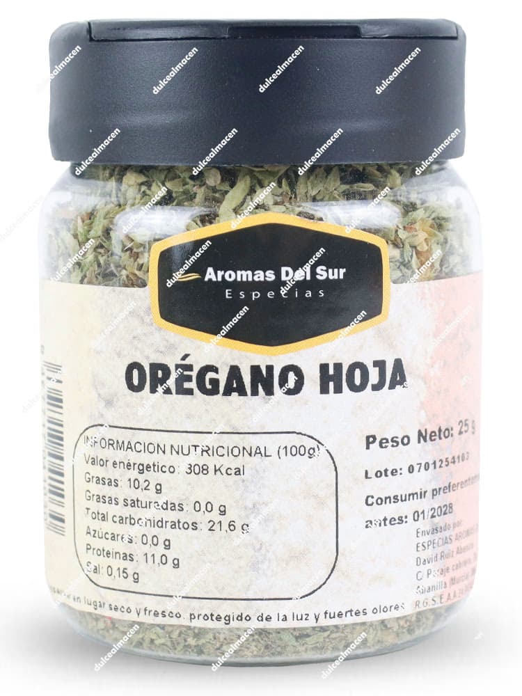 Tarro de Aromas del Sur orégano hoja 25gr para sazonar comidas en Dulcealmacen