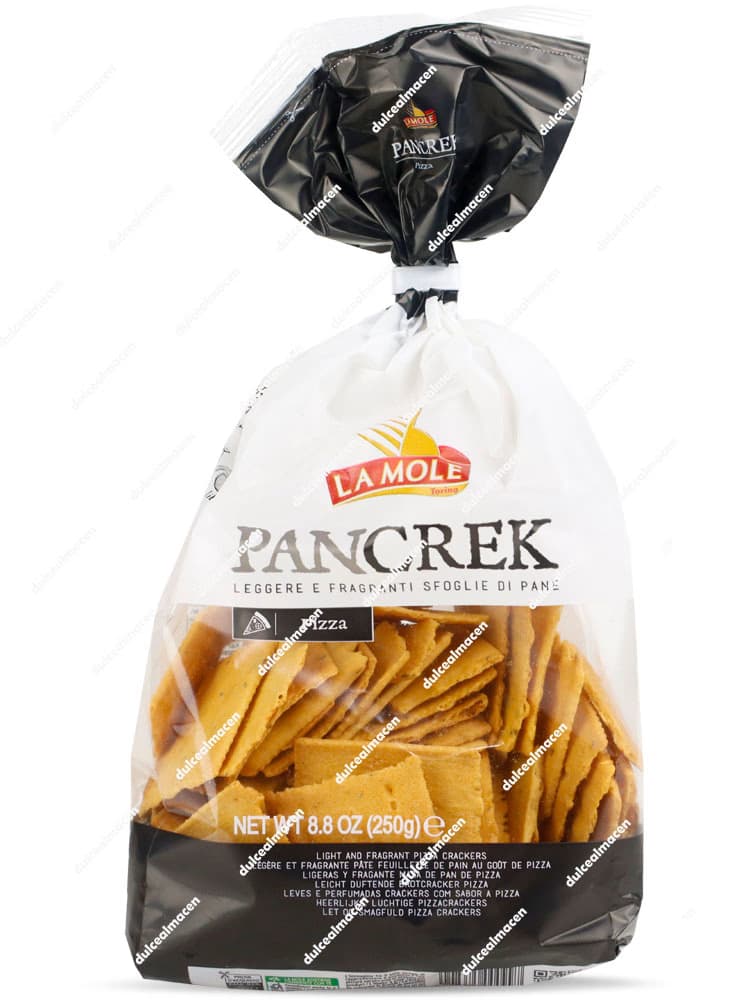 Bolsa de 250 gramos de La Mole Pancrek sabor Pizza, láminas de pan finas y crujientes elaboradas en Turín, Italia - Dulcealmacen