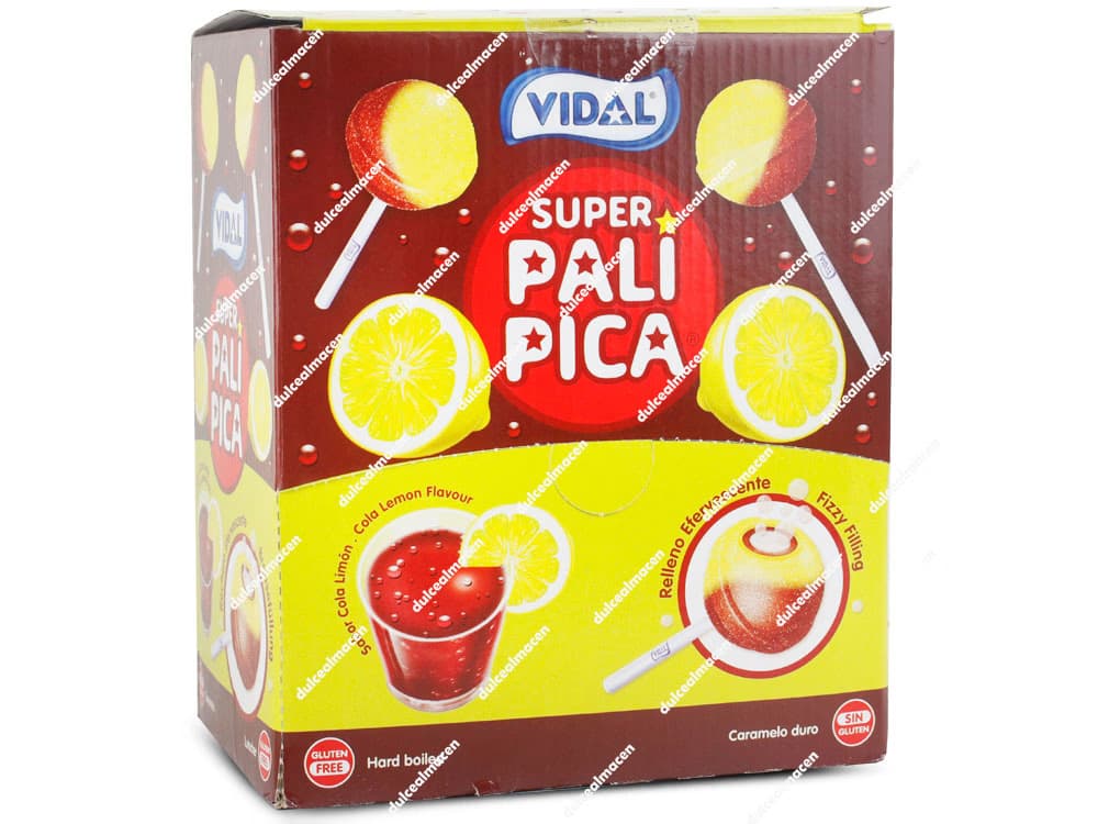 Caja expositora de Vidal Super Pali Pica sabor Limón Cola con 100 unidades de caramelos con palo sin gluten en Dulcealmacen